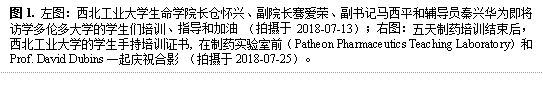 图1. 左图：西北工业老员工命学经理仓怀兴、副经理骞爱荣、副书记马西平和辅导员秦兴华为即将访学多伦多大学的员工们培训、指导和加油 （拍摄于2018-07-13）；右图：五天制药培训结束后，永利集团的员工手持培训证书, 在制药实验室前（Patheon Pharmaceutics Teaching Laboratory）和Prof. David Dubins一起庆祝合影 （拍摄于2018-07-25）。